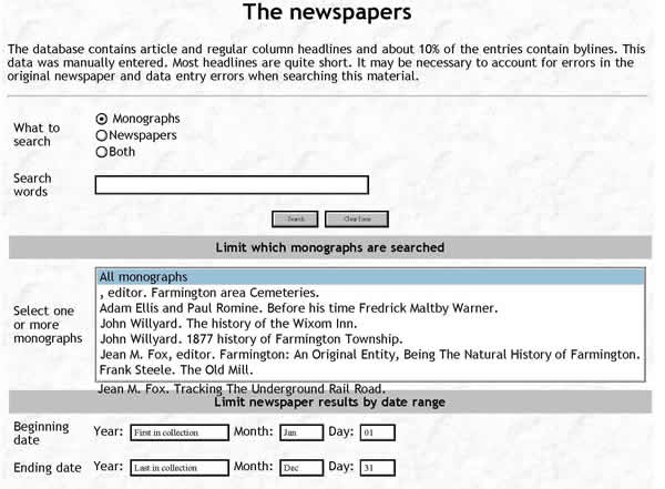 Newspaper / Monograph Search Screen