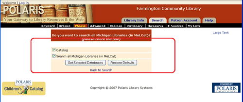 Database Selection Options Search Screen Image