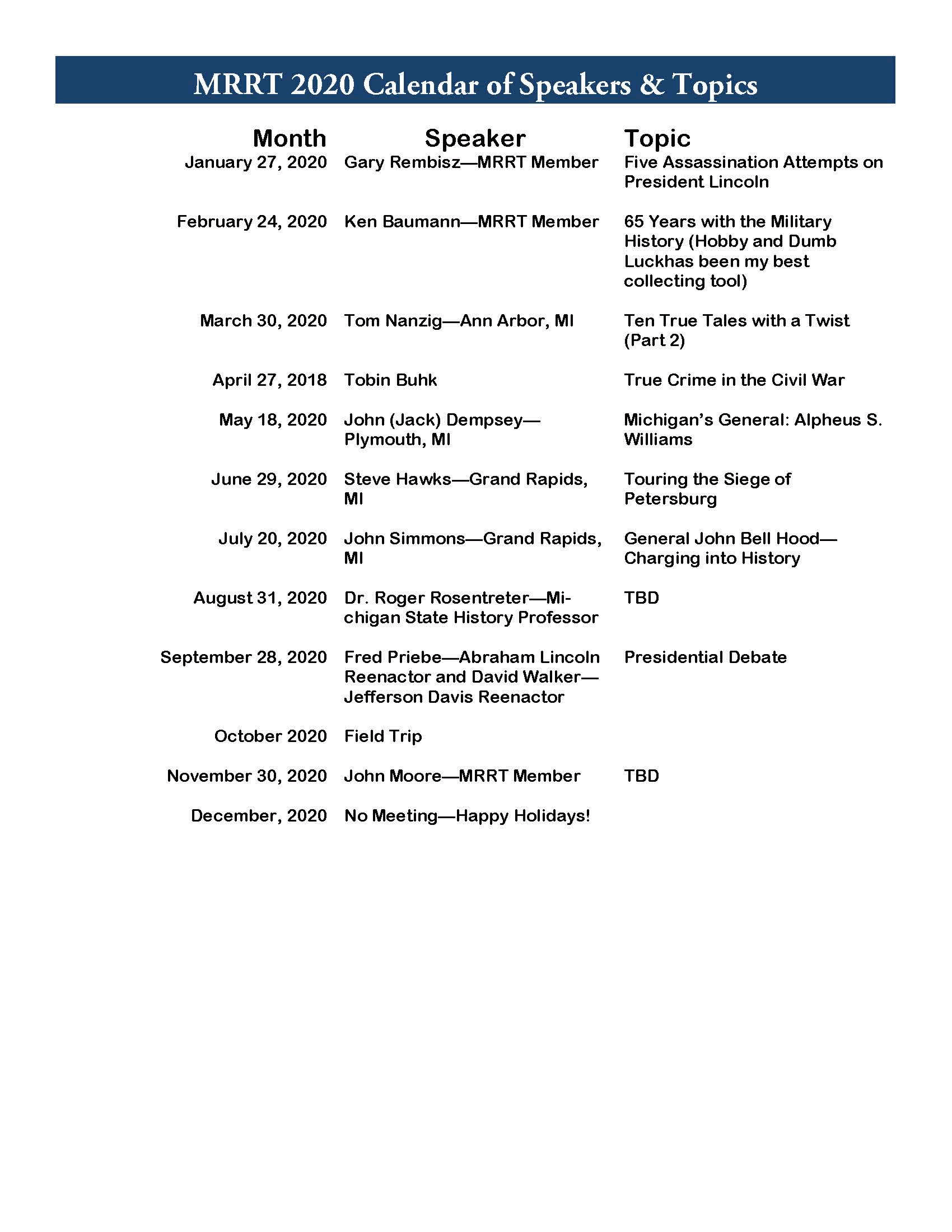 2020 Meetings—Speakers & Topics